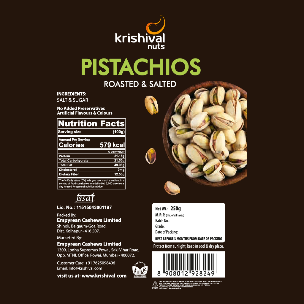 Krishival Pista 1kg, Premium Roasted and Salted Pistachios Nuts, High-Protein Healthy Dry Fruits, Nutritious Snack (Pack of 4 x 250g)
