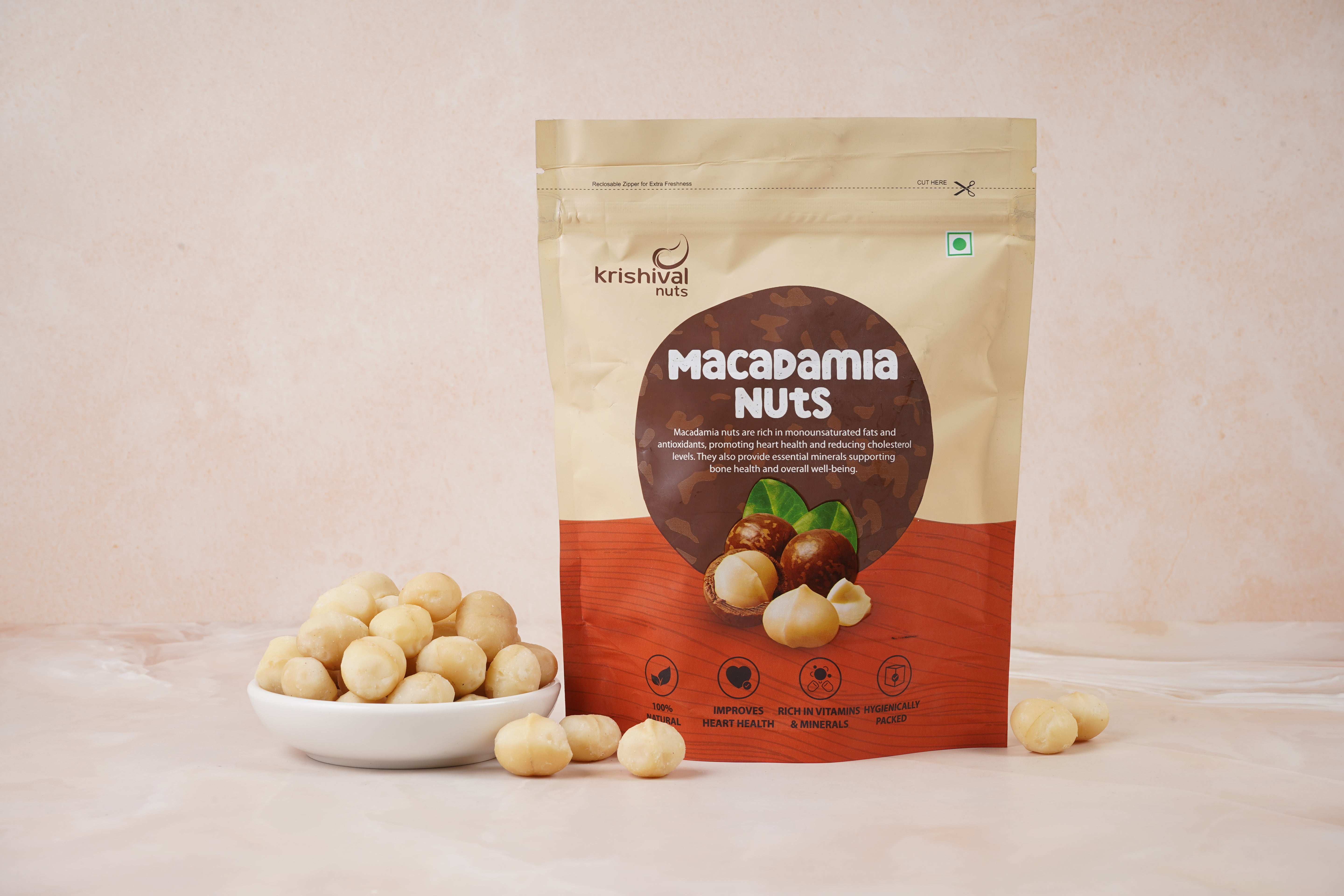 Krishival Nuts Macadamia Nuts | 250 Grams | Imported Jumbo Size Nuts | Reclosable Ziplock Packaging | 100% Natural