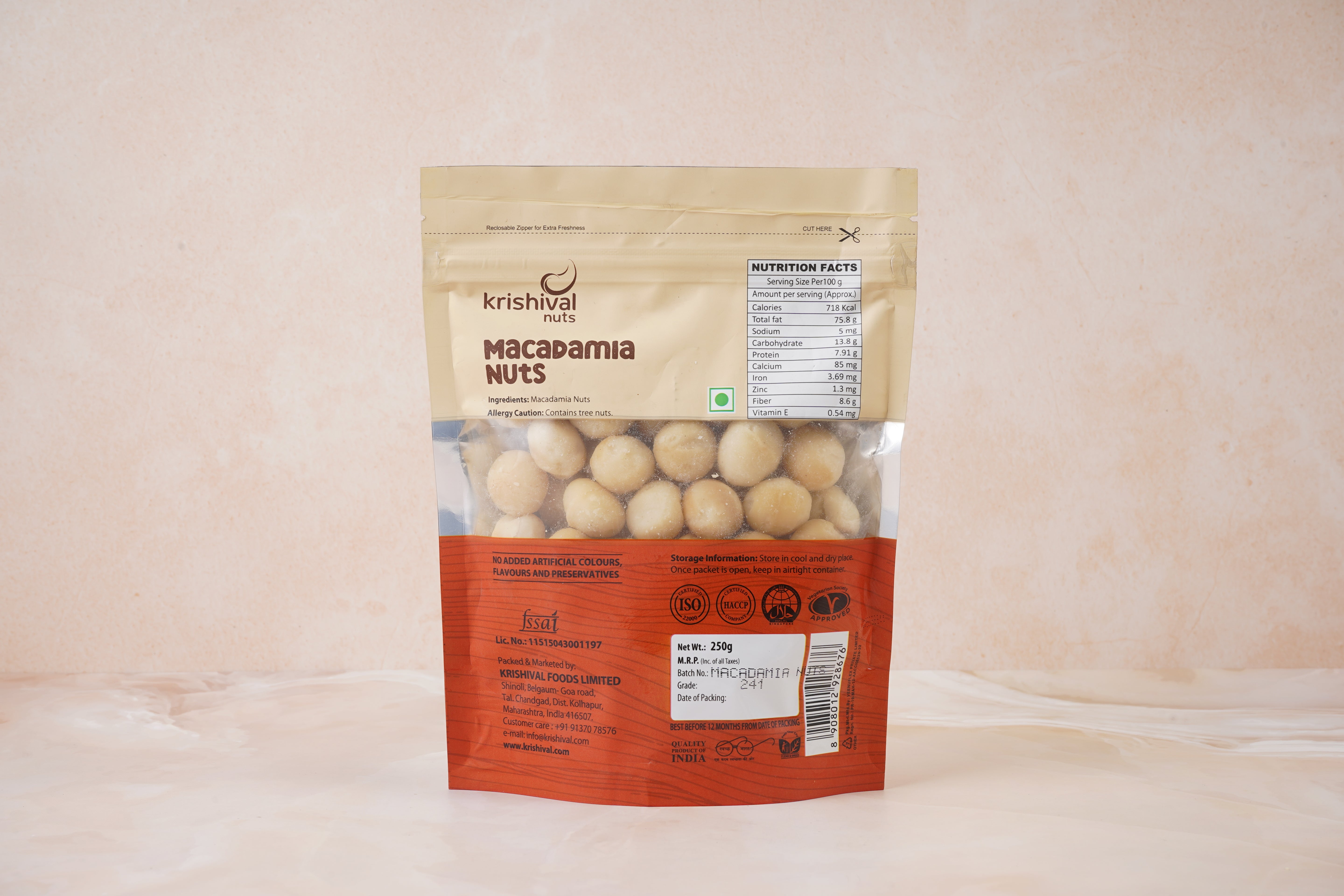 Krishival Nuts Macadamia Nuts | 250 Grams | Imported Jumbo Size Nuts | Reclosable Ziplock Packaging | 100% Natural