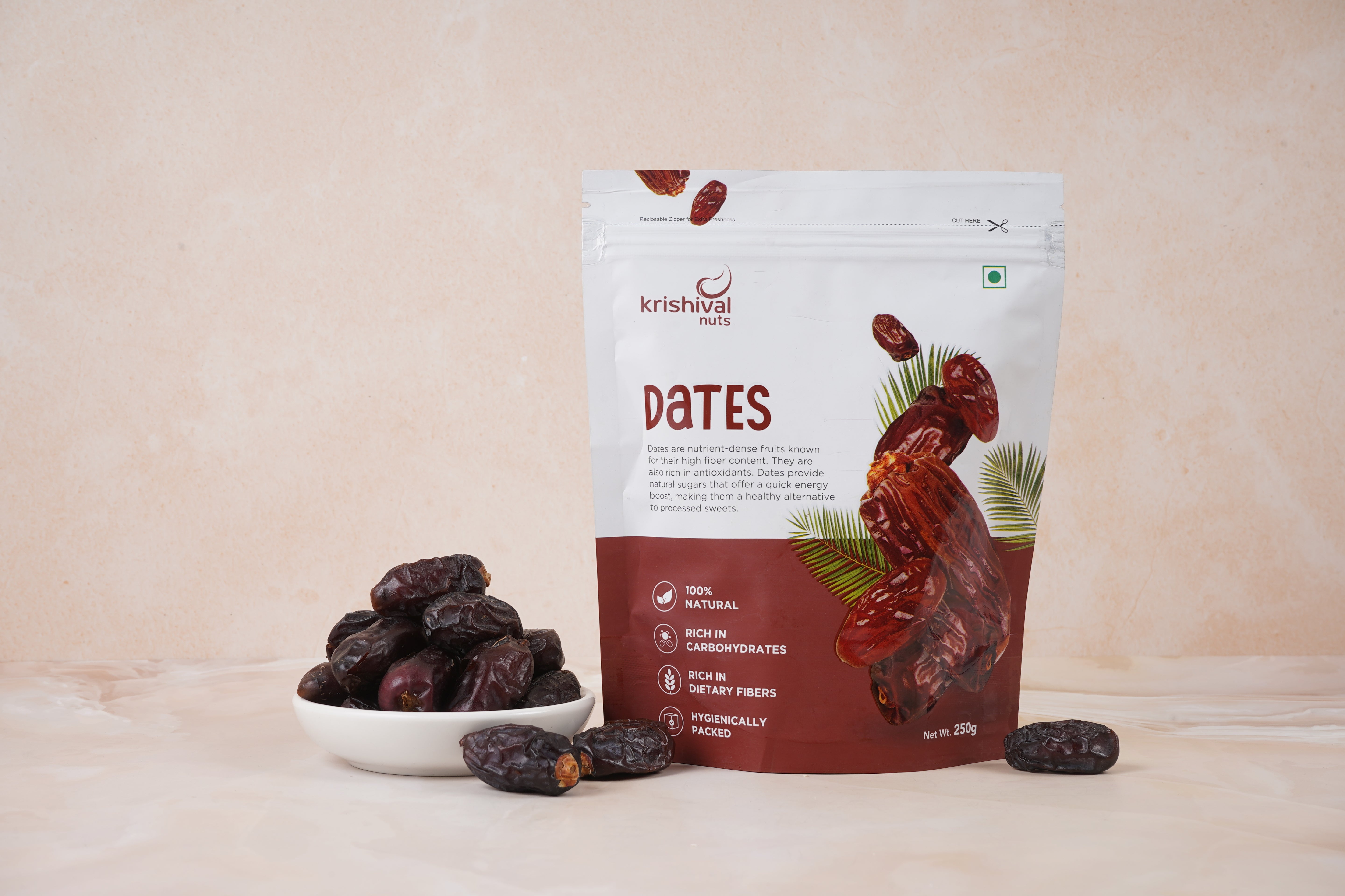 Krishival Nuts Premium Dates | 250 Grams, Pack of 1 | Rich in Dietary Fibers | 100% Natural, Ziplock Packaging