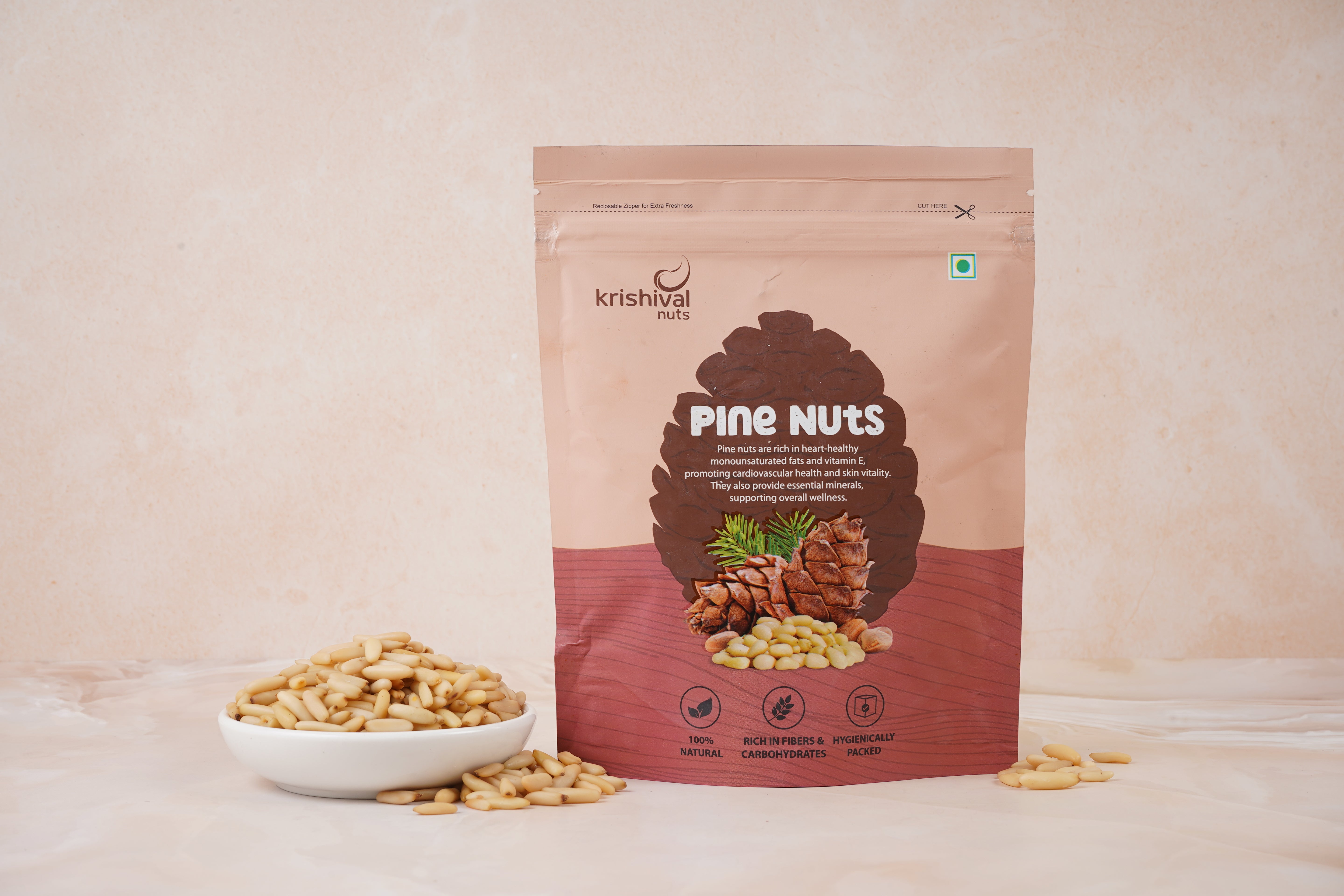 Krishival Nuts Premium Pine Nuts | 250 Grams, Pack of 1 | 100% Natural | Rich in Fiber | Ziplock Packaging