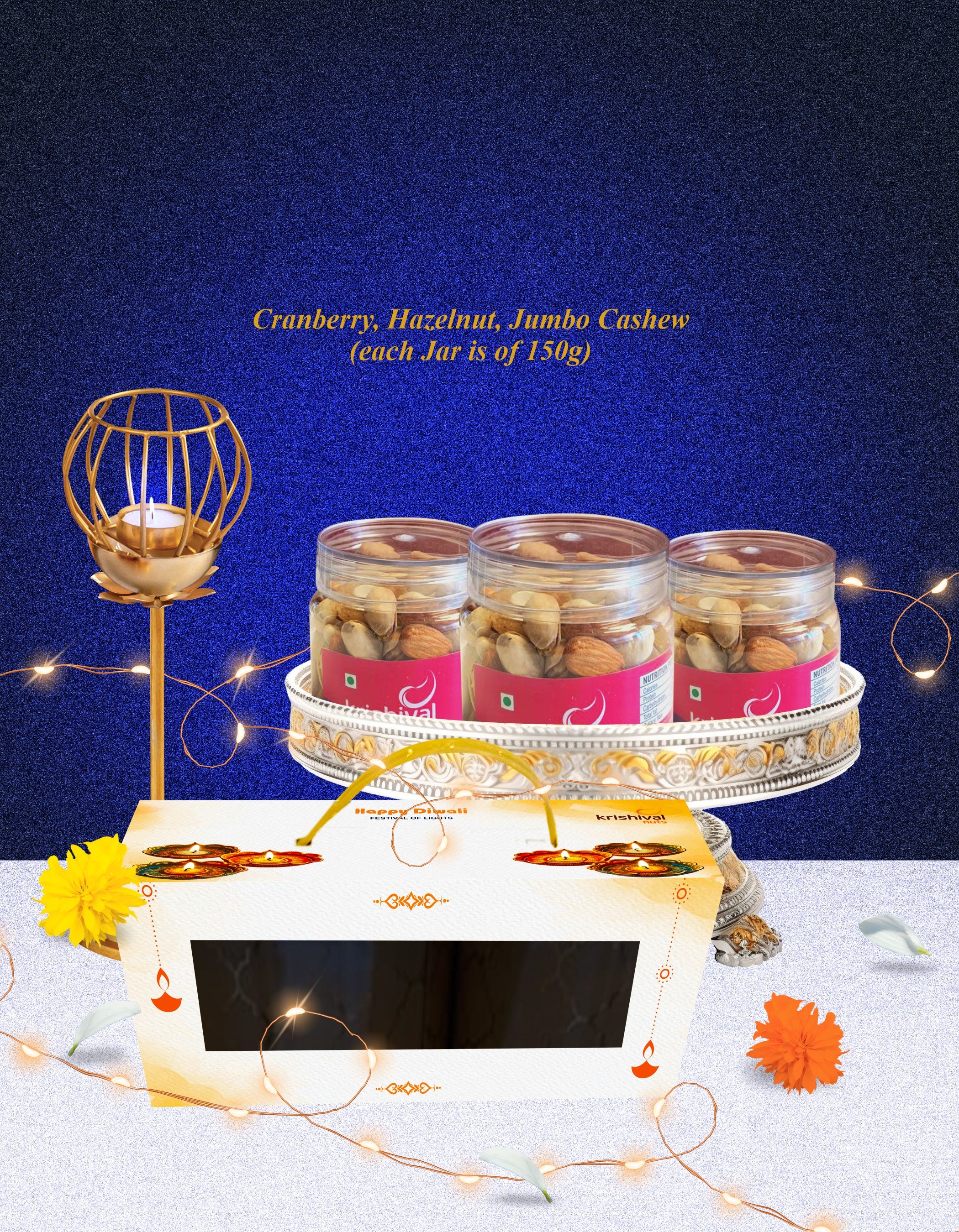 Diwali Exotic Nuts Jar Box ( Cranberry, Hazelnut, Jumbo Cashew)