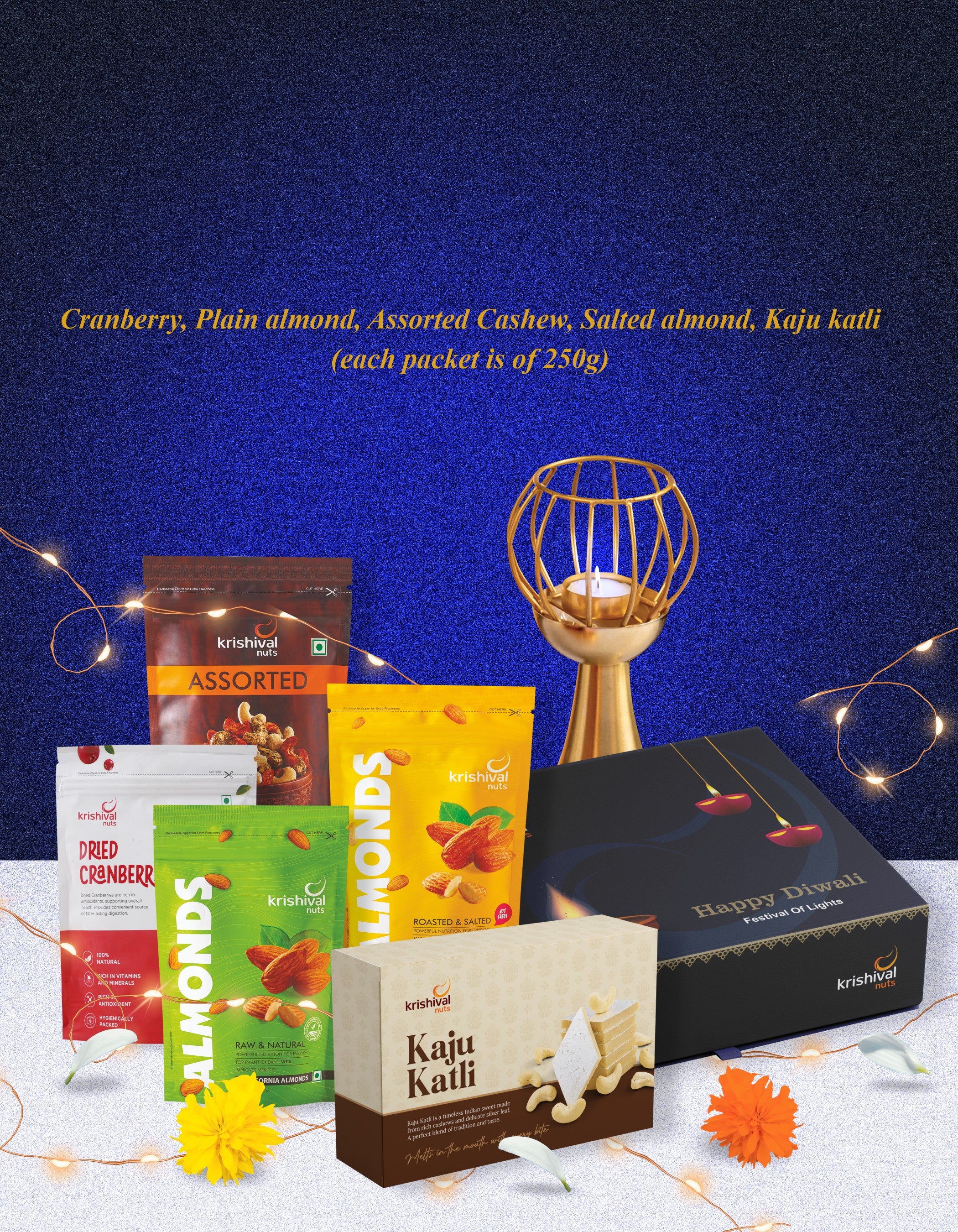 Diwali Jumbo Nuts Combo Box ( Cranberry, Plain Almond, Salted Almond, Assorted Cashew, Kaju Katli)
